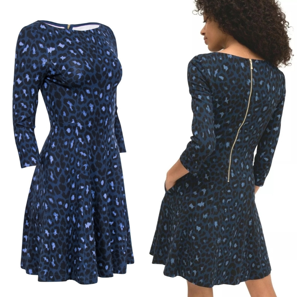 🌞Kate Spade Broome Street Leopard Ponte Stretchy Fit Flare Dress  Blue Size 2